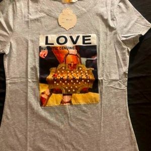 Woman Custom Grey Tshirt (S/M) Designed with Stones and Pearly Accessories.